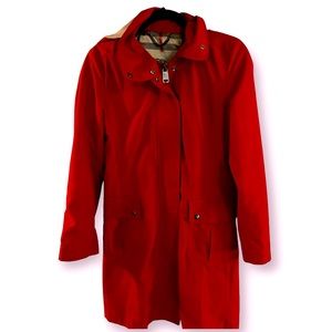Red Burberry Rain Trench with removable hood